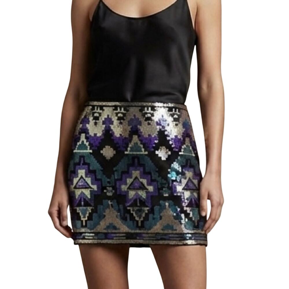 Express mini skirt, sequins, stretch, black, purple, teal, gold, geo, lined, XS